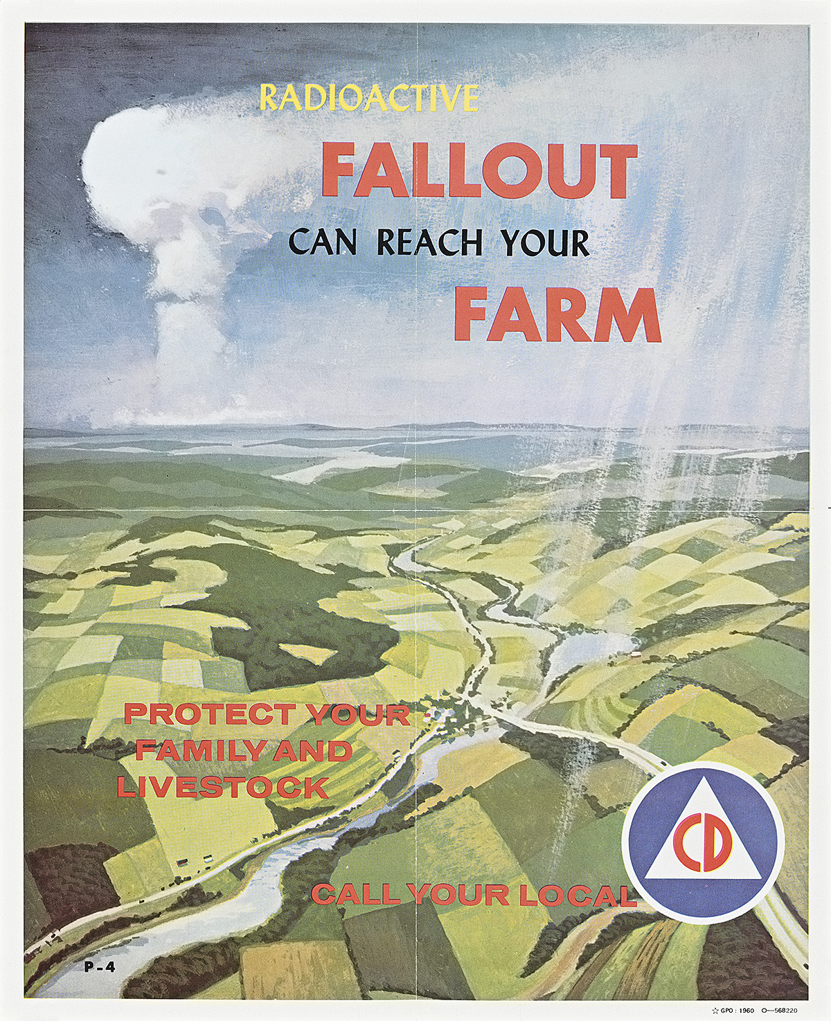 A poster of a red nuclear bomb blast on a blue background