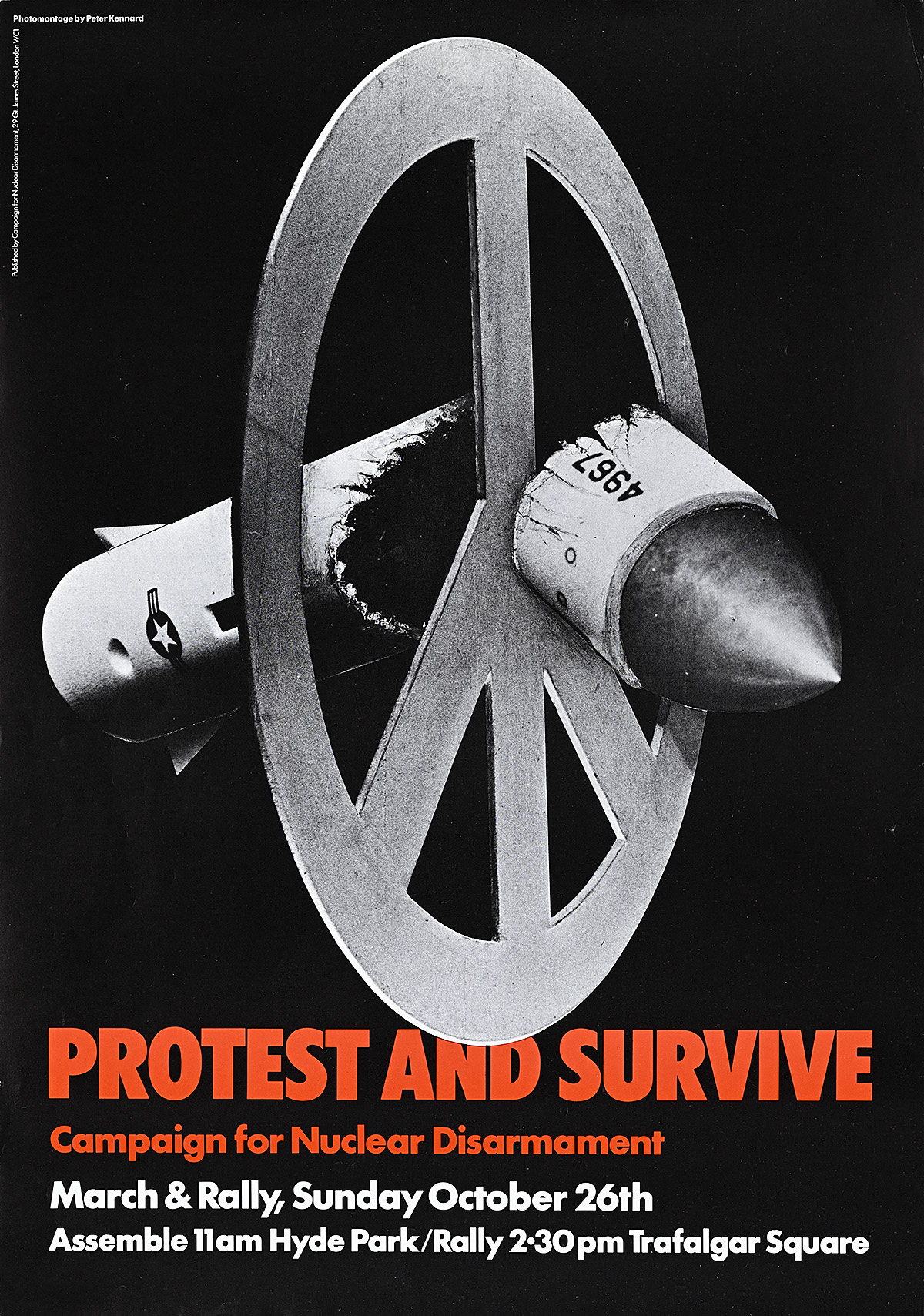 A poster of a broken nuclear rocket going through a peace sign with bold text below