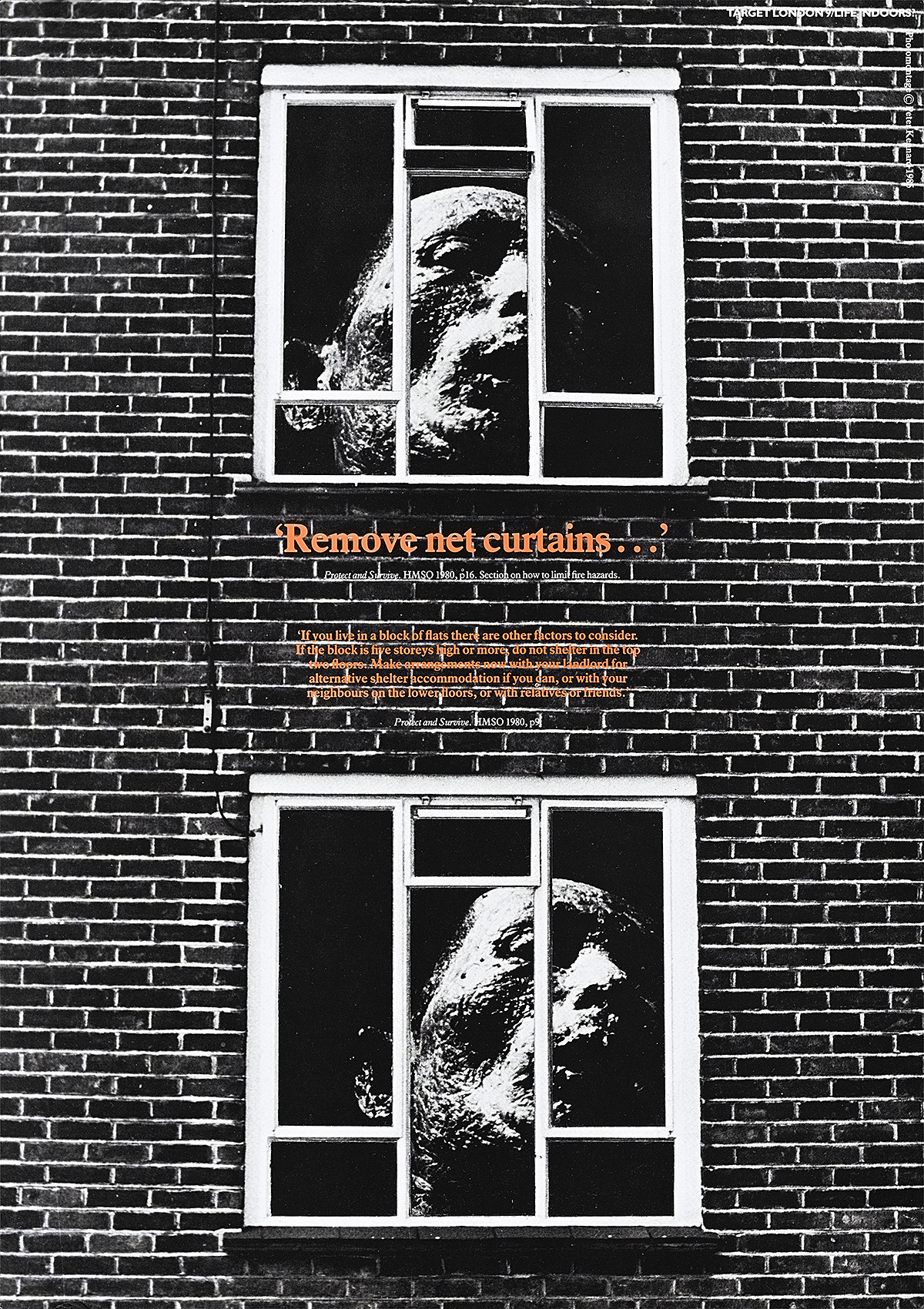 A poster of a brick building with a corpse's face peeking out the windows