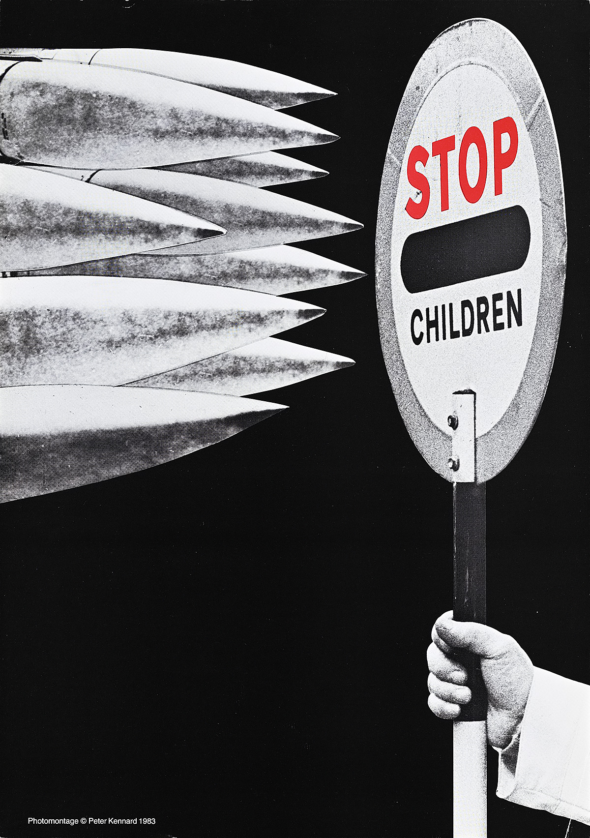 A poster of nuclear missiles approaching a stop sign that reads 