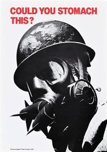 A poster of a gas mask with nuclear missiles coming out of it