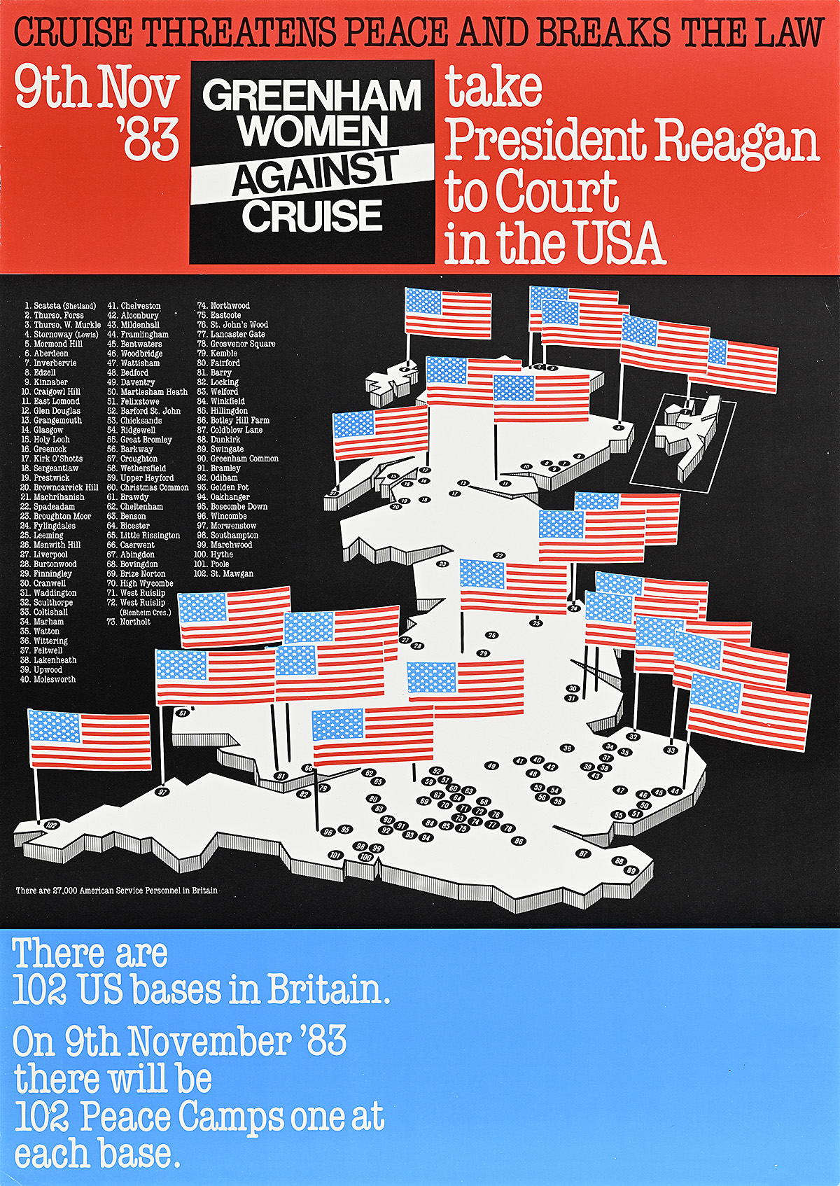 A poster of the British Isles covered in United States flags