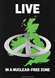 A black vertical poster with a large grey peace sign and neon green map moving through the peace sign. There is English text in white on the top and bottom