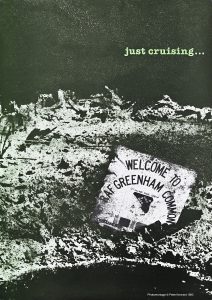 A vertical poster with a greyed-out murky image of a destruction site. There is small light green text in English