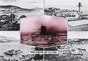 A horizontal poster split up into five sections with black and white landscape photos. The center photo has a pink tint and there is small text in English