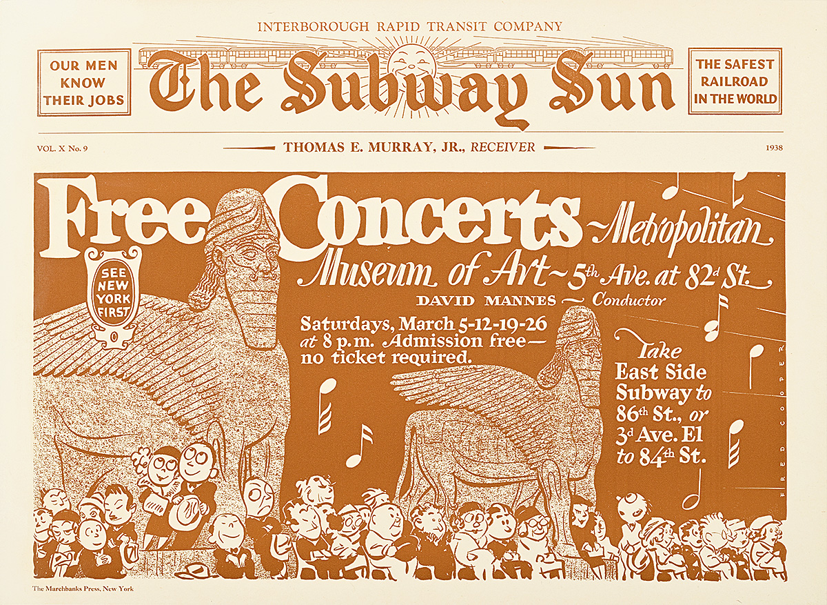A poster of tiny cartoon people listening to music underneath giant Assyrian stone statues
