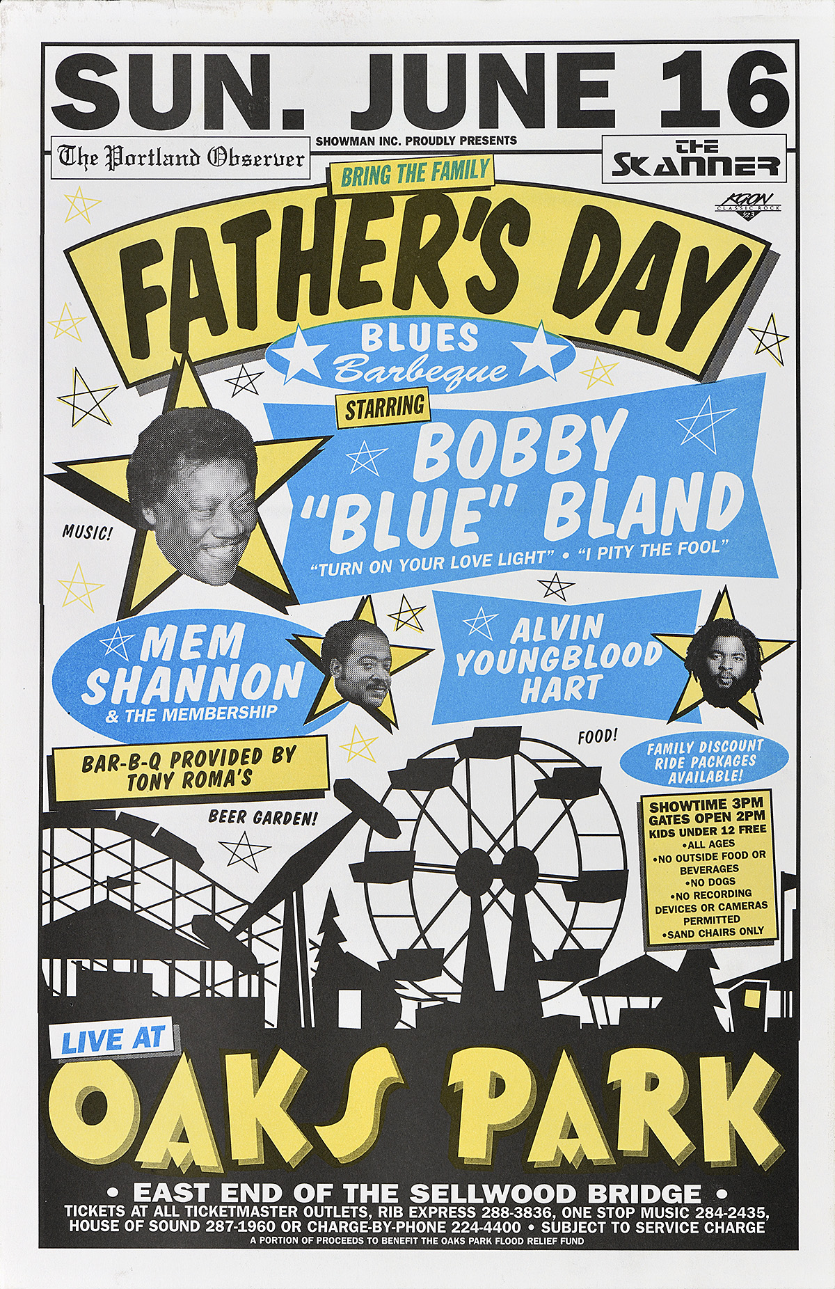 A poster of Black men's heads printed on top of a county fair silhouette