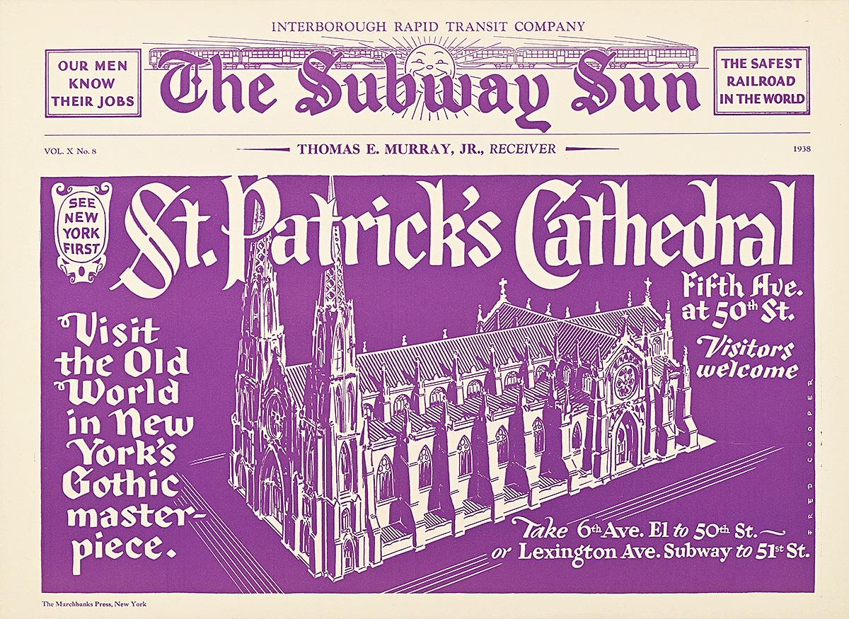 Afiche de una catedral ornamentada sobre un fondo morado.
