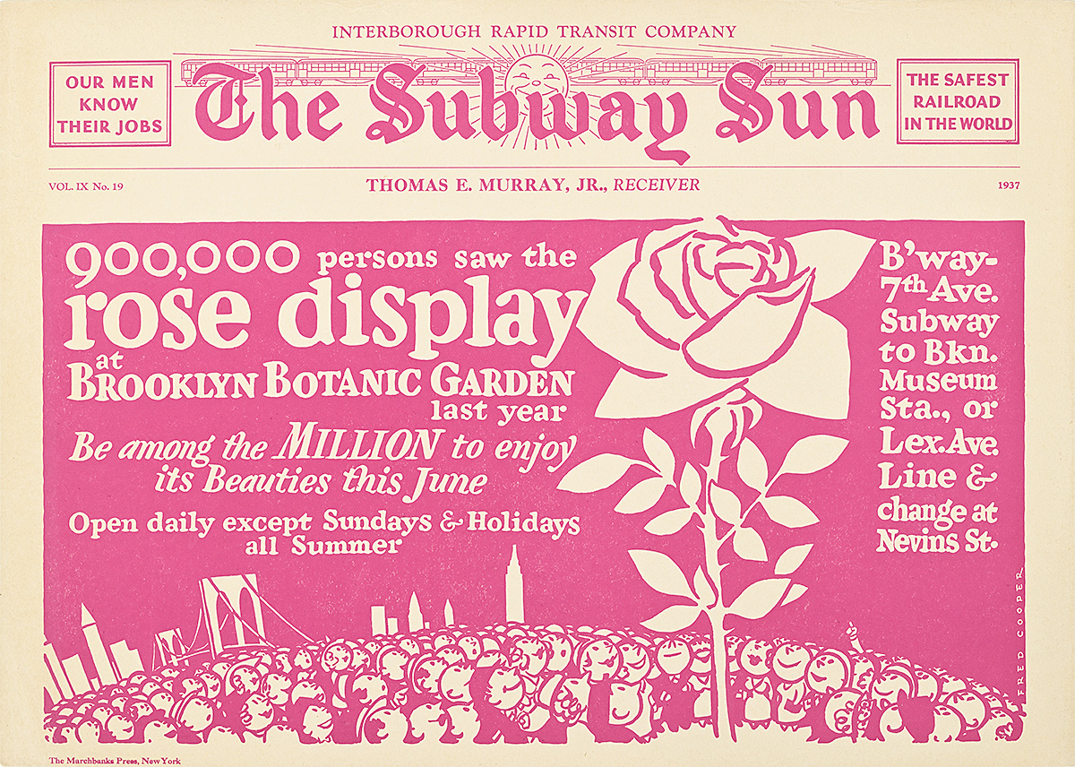 Afiche de un jardín lleno de rosas sobre un fondo rosa.