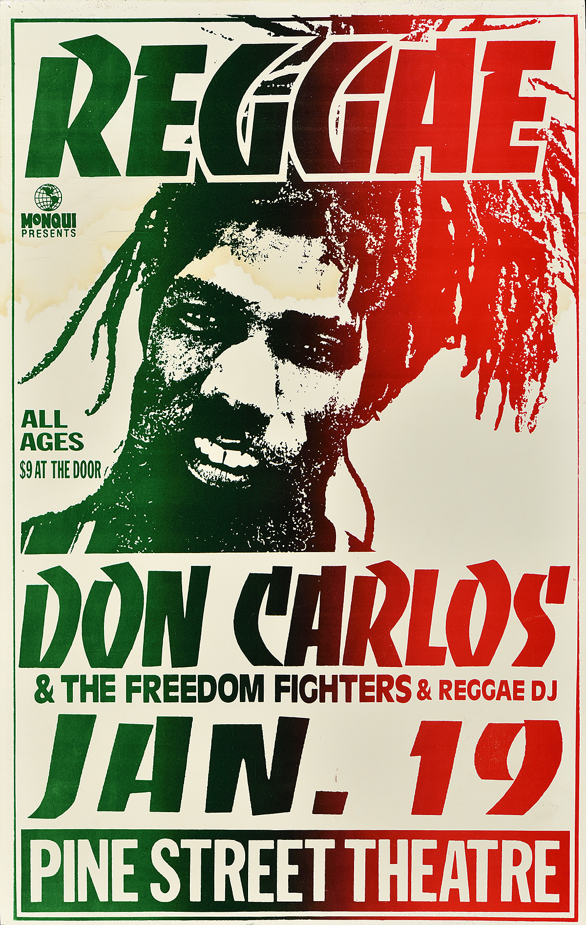 Cartel de un hombre afrodescendiente con rastas y texto en negrita de color verde, negro y rojo degradado.