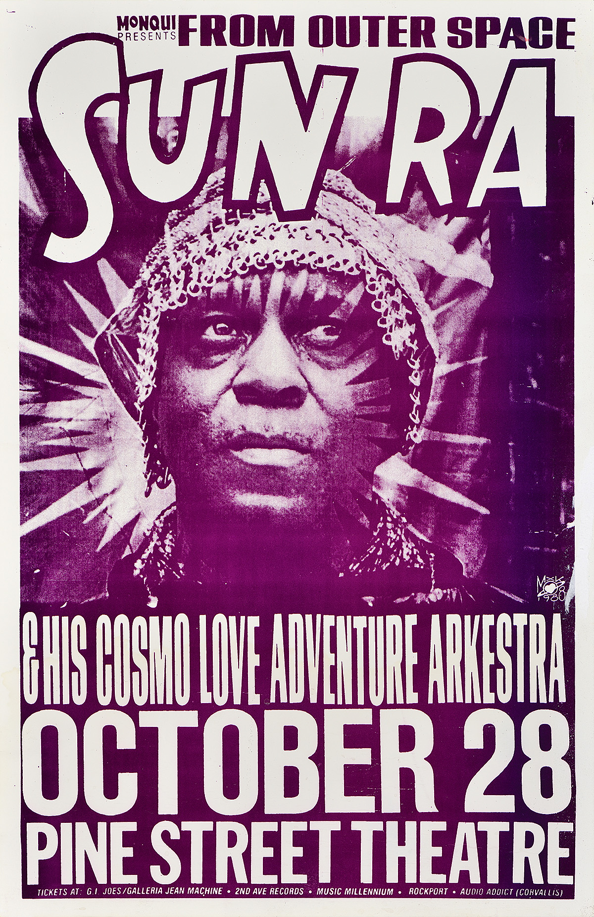 Cartel de un hombre afrodescendiente con un peinado de puntas y un texto en negrita de color púrpura impreso sobre un fondo blanco.