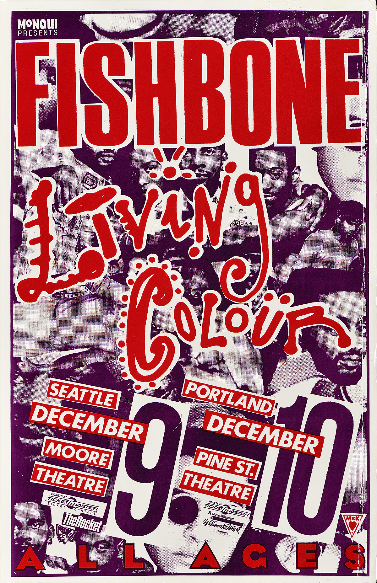 Cartel de un collage de fotografías de hombres afrodescendientes bajo un texto rojo estilo funk.