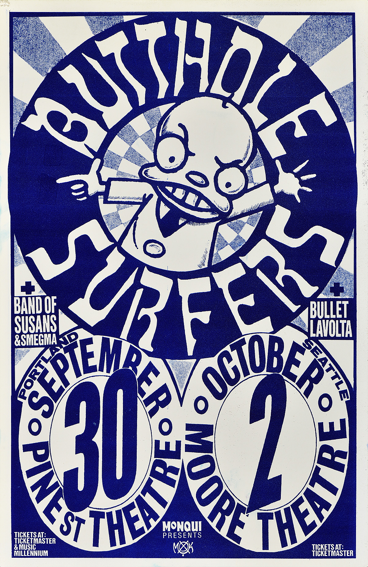 Cartel de una caricatura sin pelo haciendo gestos exagerados rodeado de texto circular sobre un fondo azul.