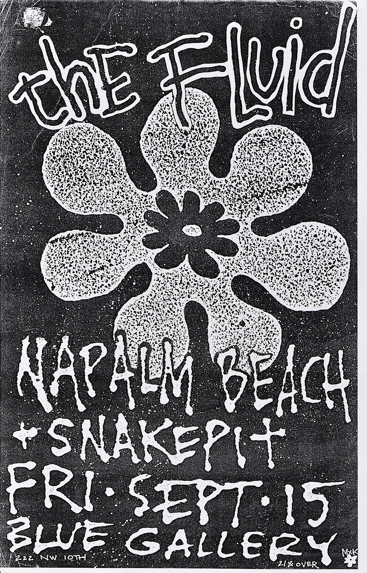 Cartel de una flor ondulada rodeada de texto escrito a mano sobre un fondo negro.