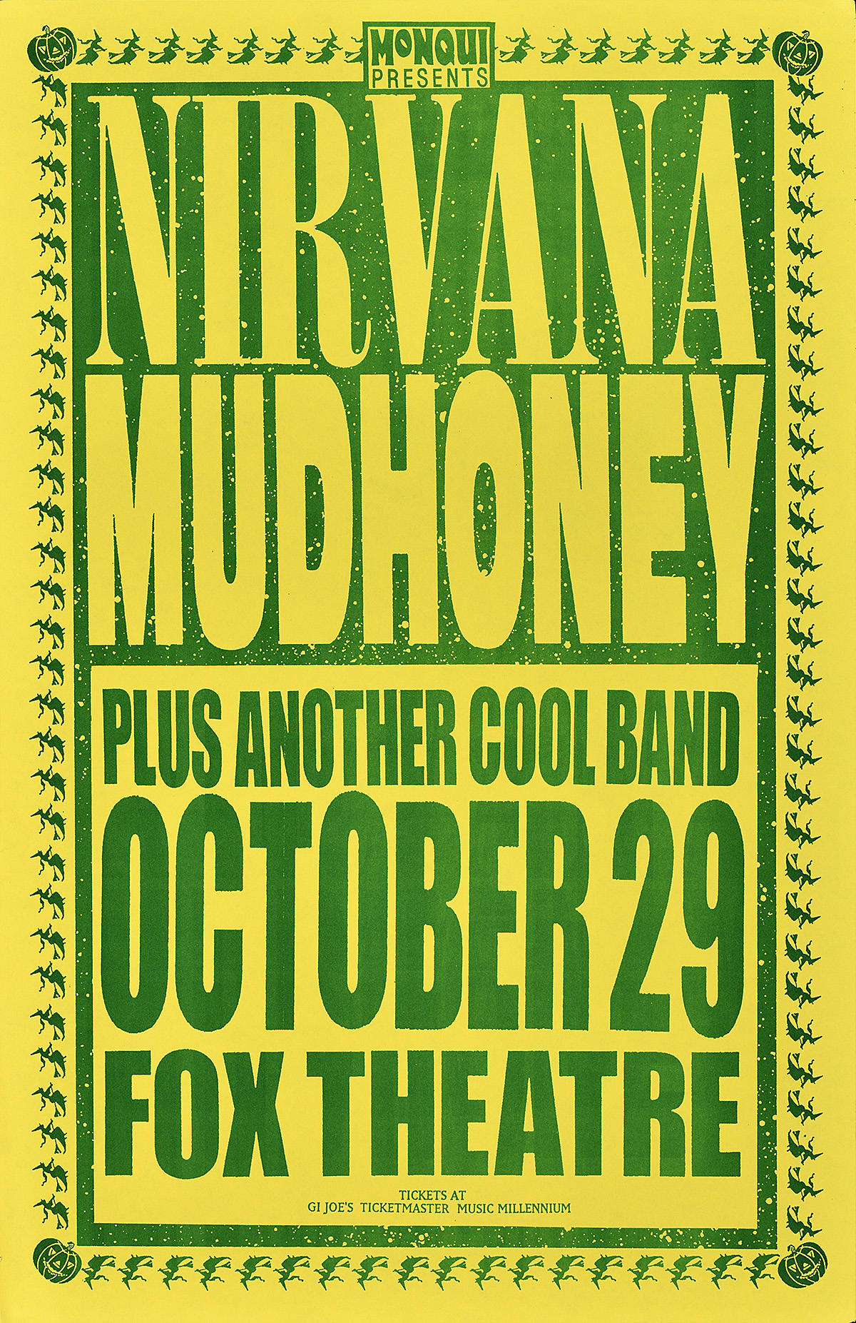 Cartel con texto de color verde y amarillo sobre un fondo amarillo.