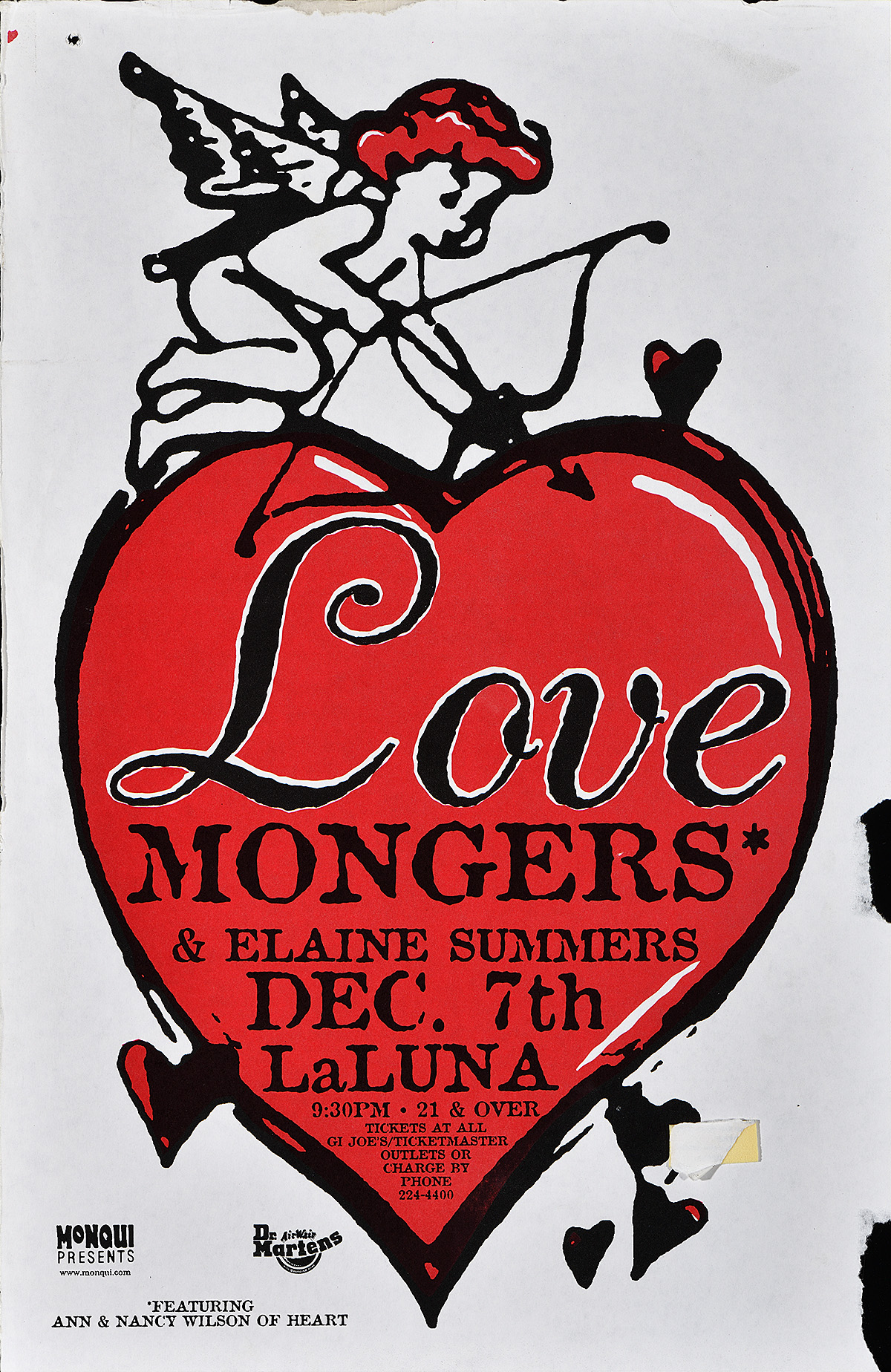 Cartel con caricaturas de un corazón y de un Cupido sobre un fondo blanco.