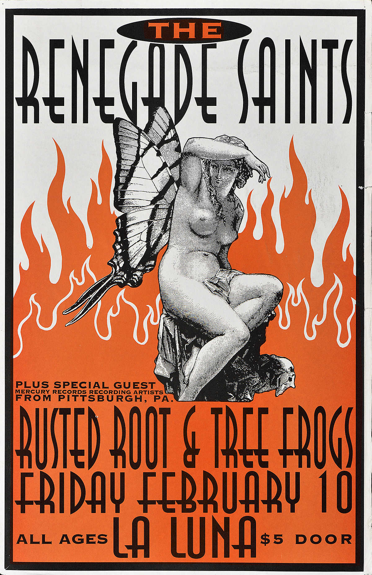 Cartel del dibujo de una mujer blanca desnuda con alas de mariposa sobre un fondo en llamas.