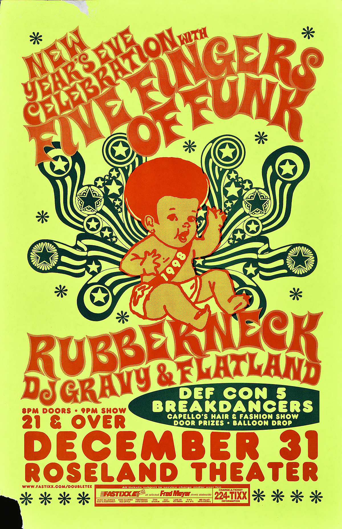 Cartel de un bebé afrodescendiente con pelo afro y texto psicodélico sobre un fondo amarillo neón.
