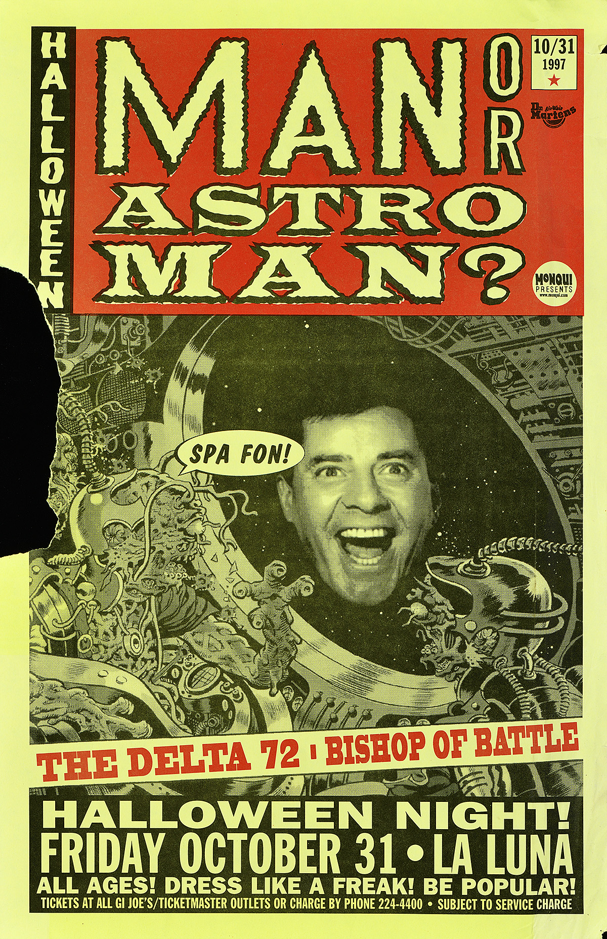 Cartel con la cara sonriente de un hombre blanco dentro de una nave espacial llena de extraterrestres.