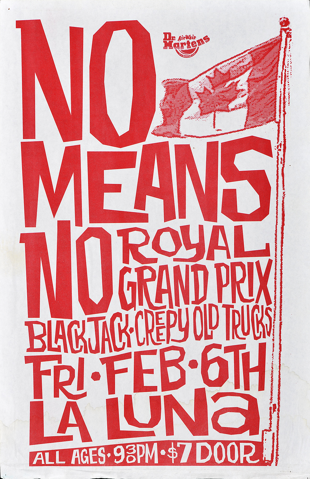 Cartel con texto rojo estilo funk y una bandera canadiense impresos sobre un fondo blanco.
