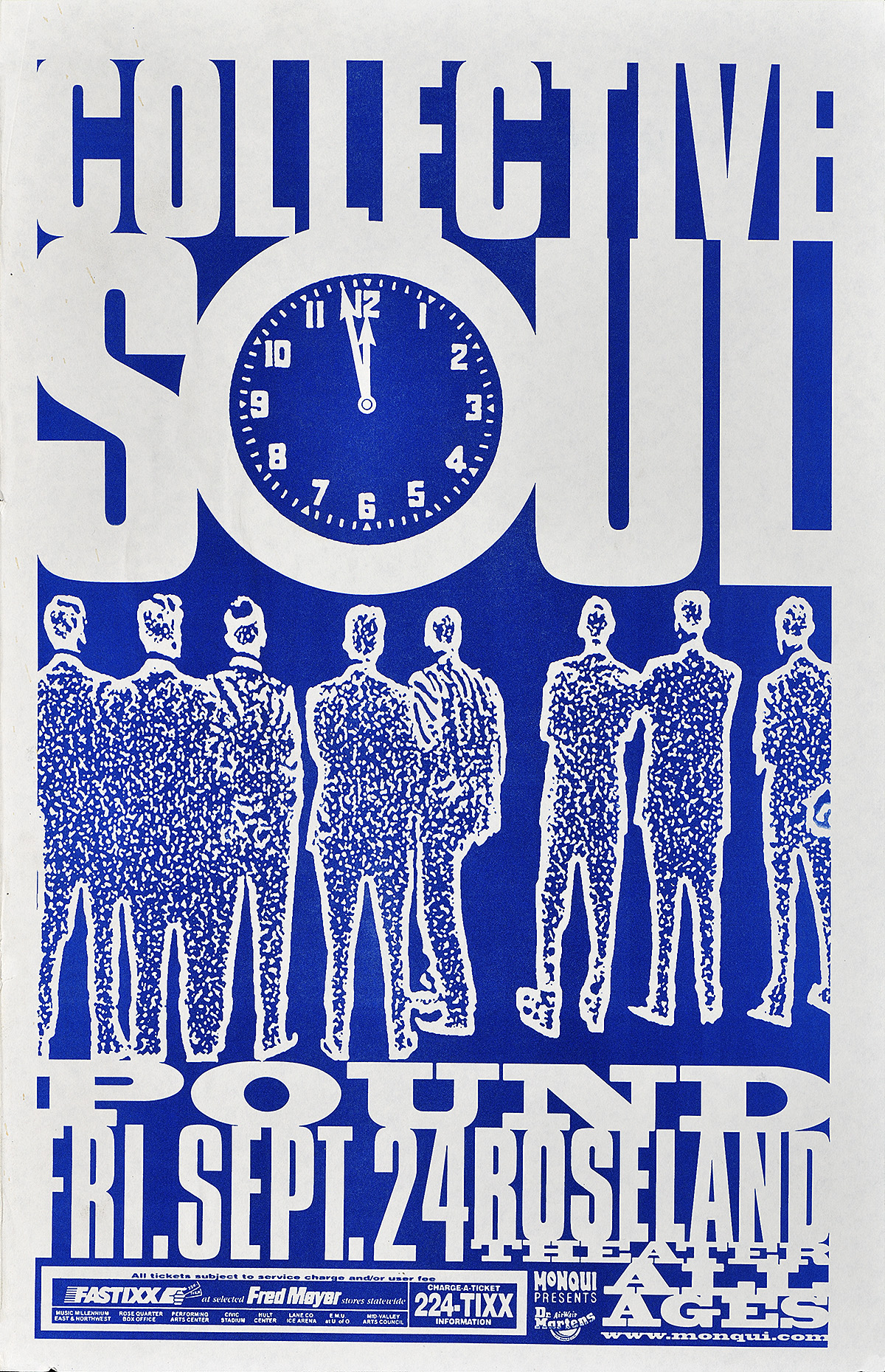 Cartel con figuras azules y blancas alineadas debajo de un texto de color blanco en negrita que tiene un reloj en su interior.