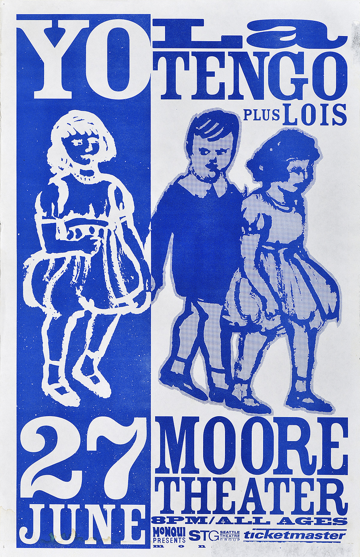 Cartel de dibujos animados de niños y niñas de color azul impresos sobre un fondo azul y blanco.