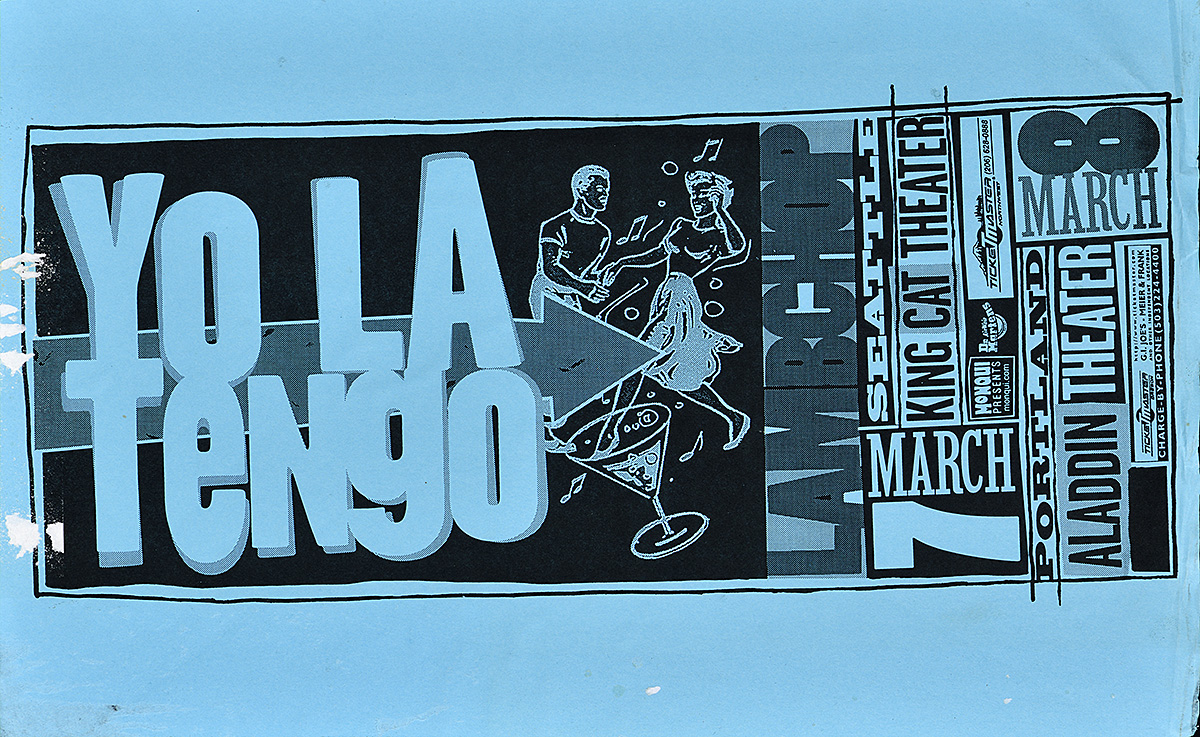 Cartel con una caricatura de un hombre y una mujer bailando rodeados de texto diseñado como la entrada a un concierto, impreso sobre un fondo azul.