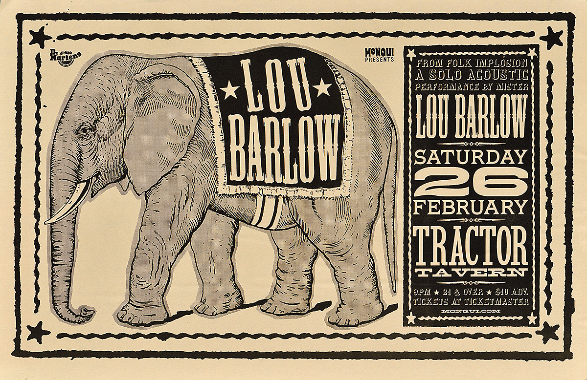 Cartel del dibujo de un elefante con texto impreso como la entrada de un circo.