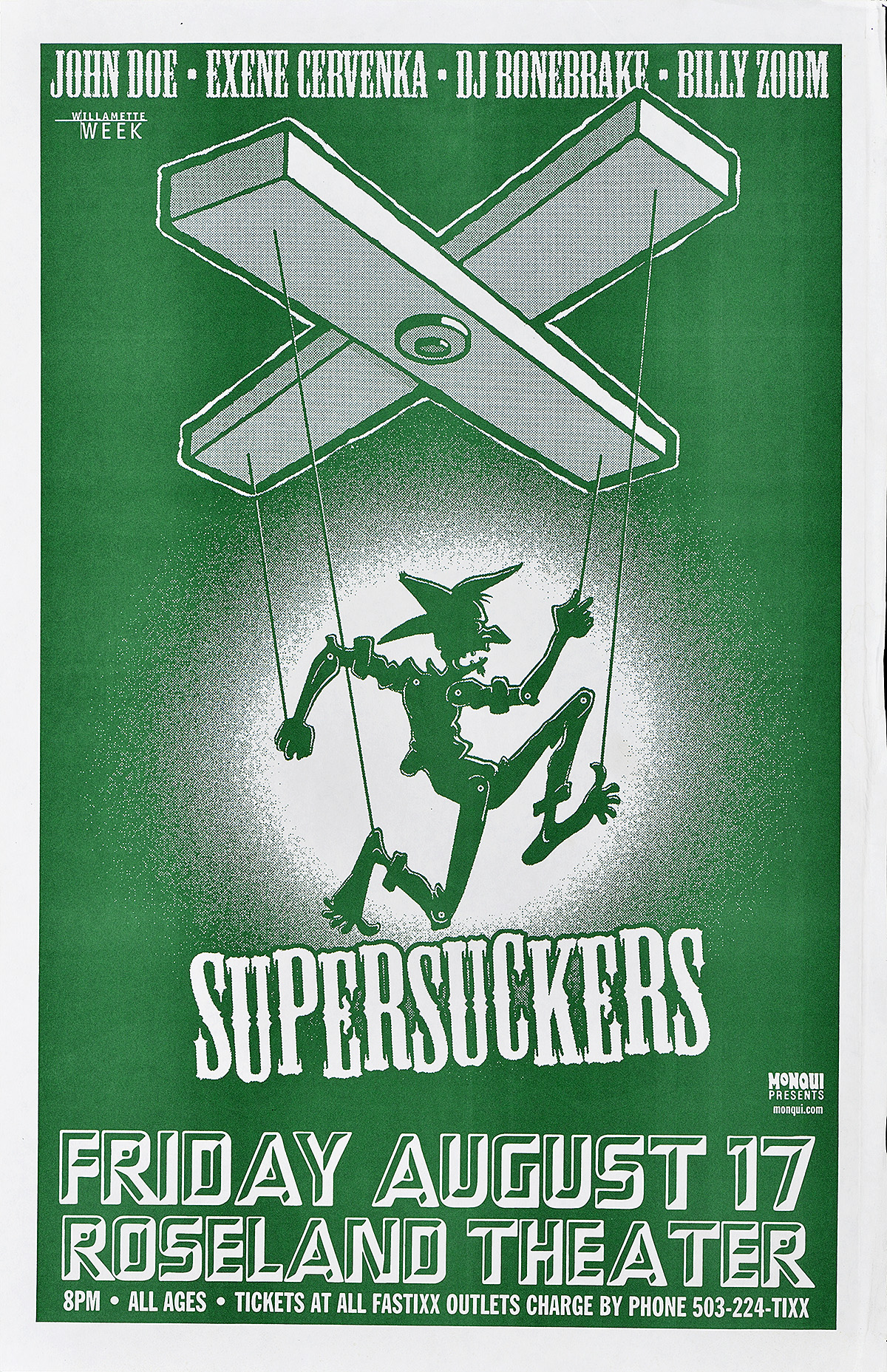 Cartel de una marioneta bailando sobre un fondo verde.