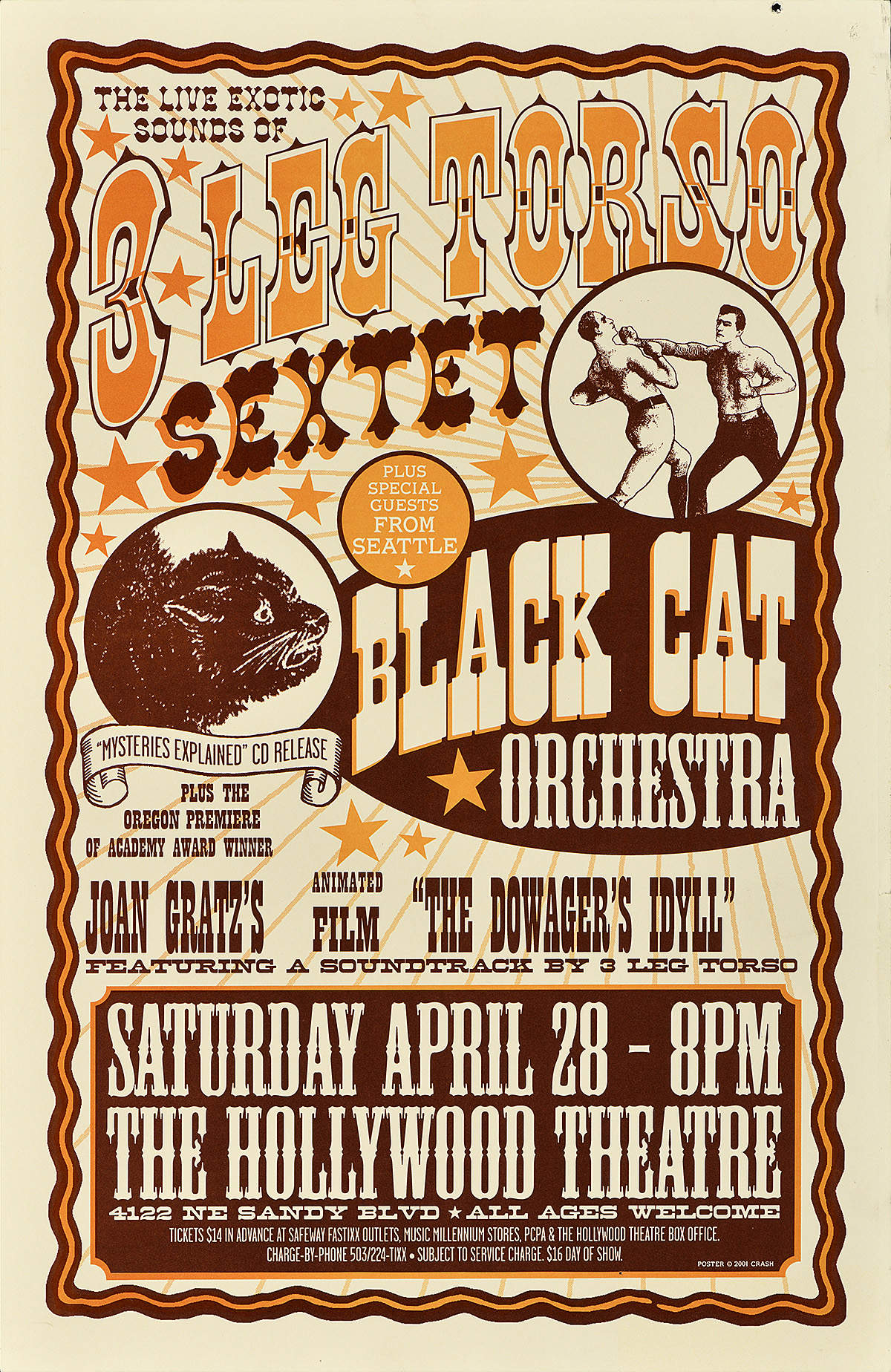 Cartel diseñado como un cartel de se busca del oeste, con boxeadores y un gato negro.