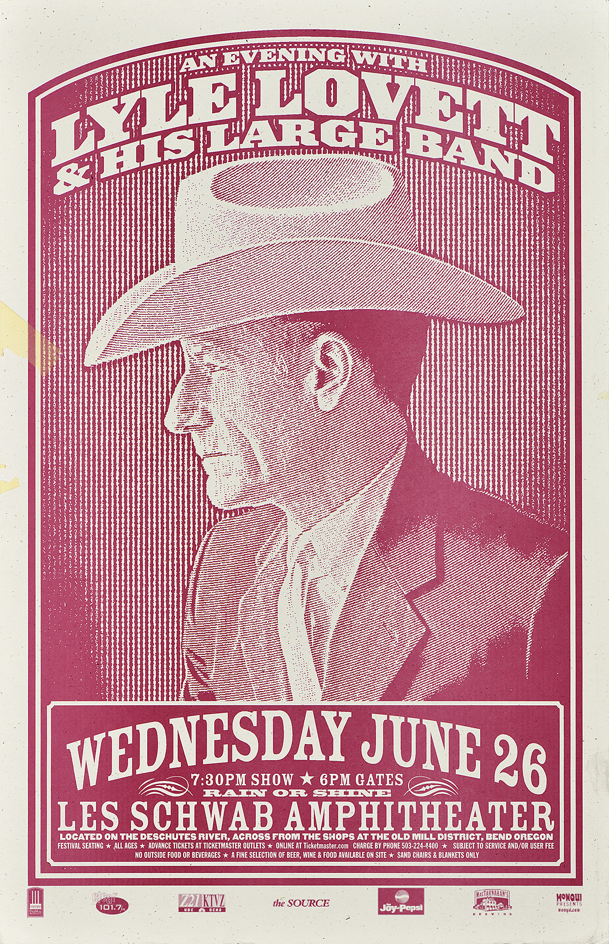 Cartel de un hombre blanco con sombrero de vaquero de color rojo impreso sobre un fondo blanco.