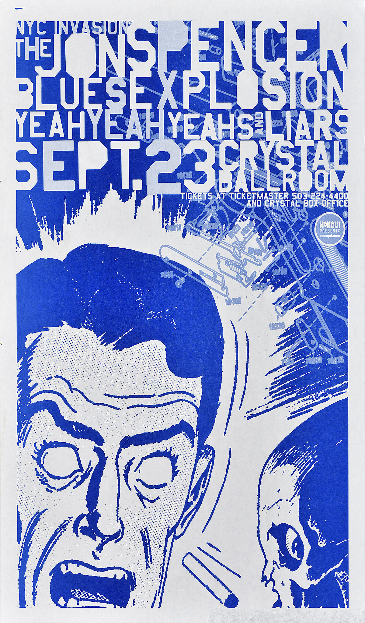 Cartel con la caricatura de un hombre gritando con un cigarrillo cayéndosele de la boca, de color azul impreso sobre un fondo blanco.