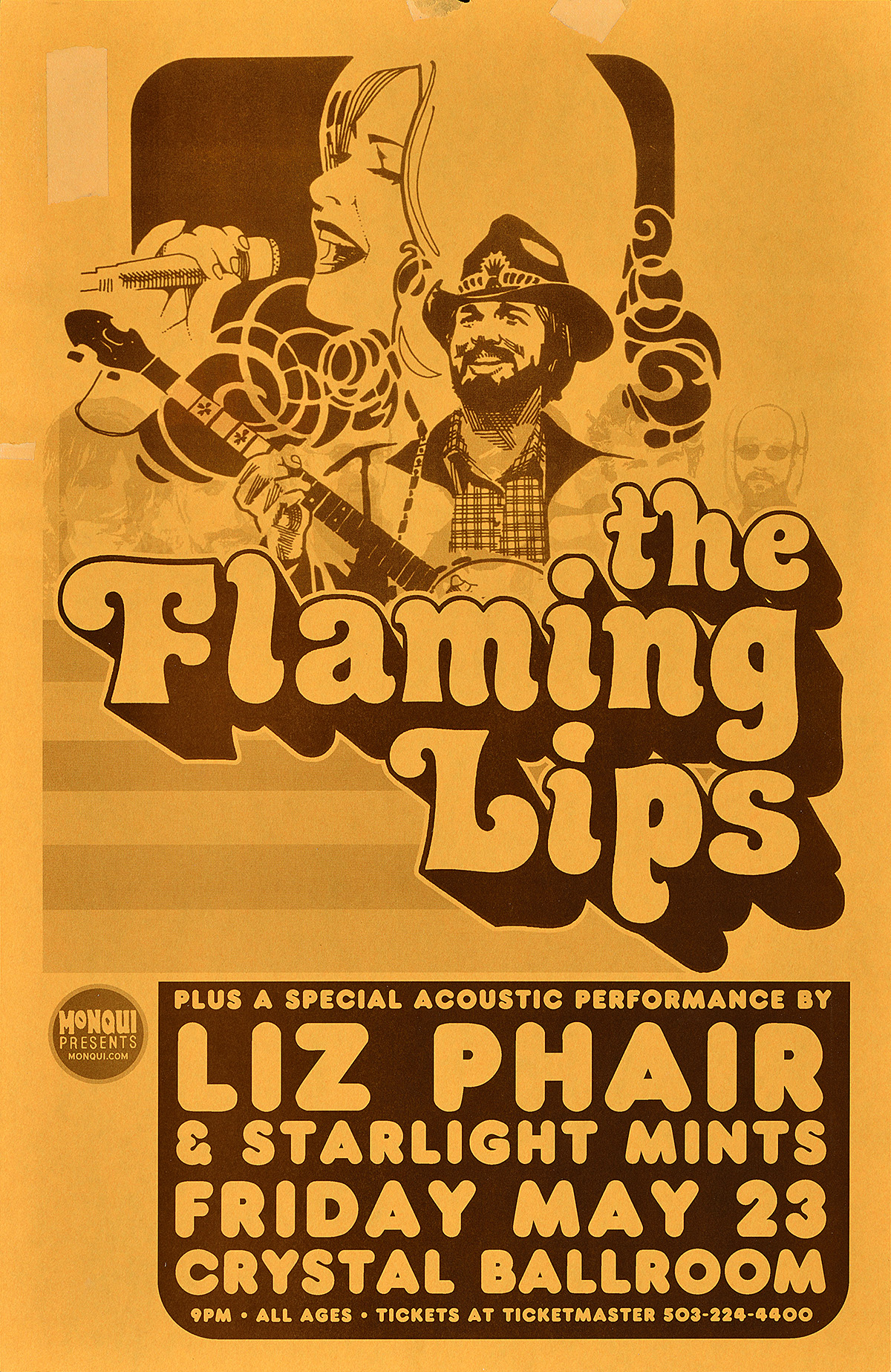 Cartel con una caricatura de un hombre y una mujer tocando música, impreso con texto estilo burbujas sobre un fondo amarillo.