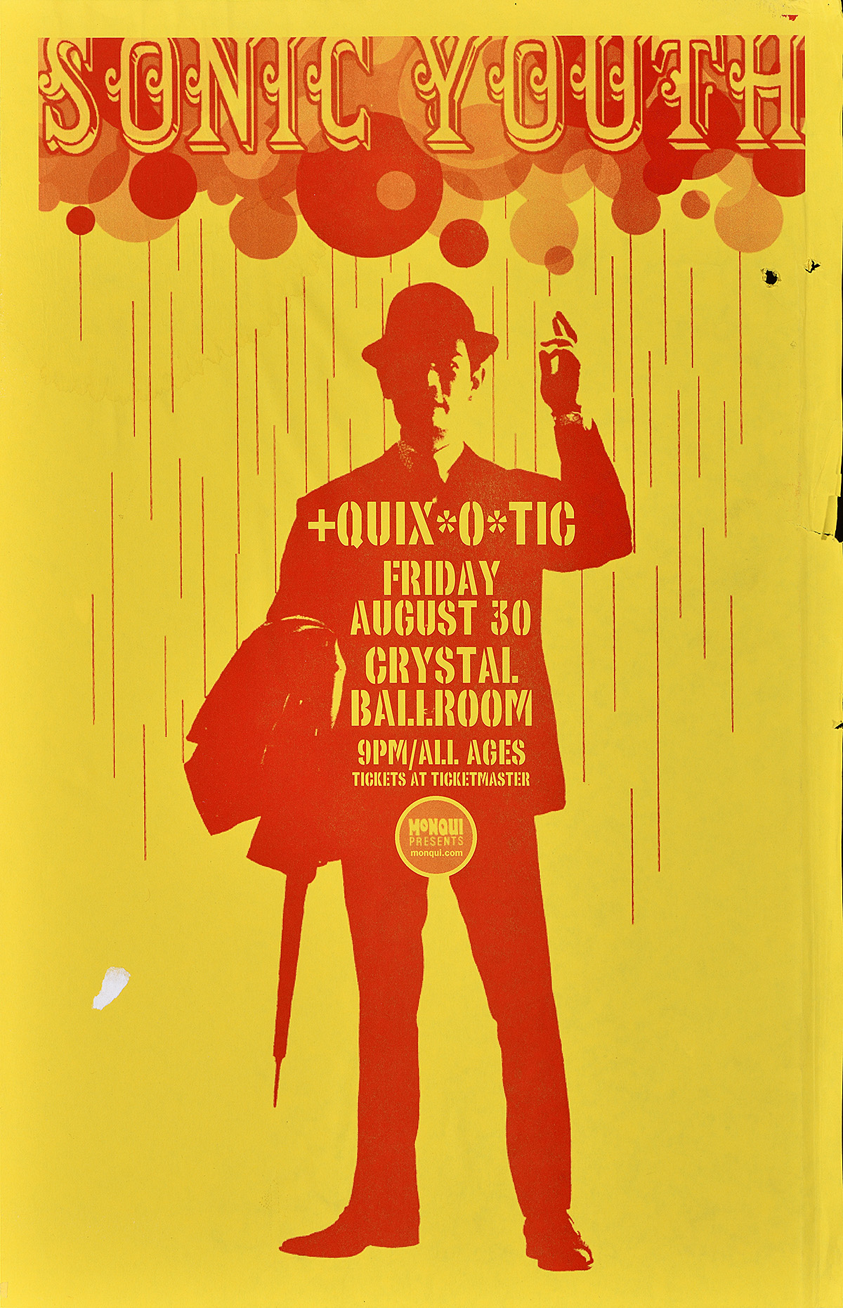 Cartel de la caricatura de un hombre con bombín debajo de un texto psicodélico de color rojo impreso sobre un fondo amarillo.