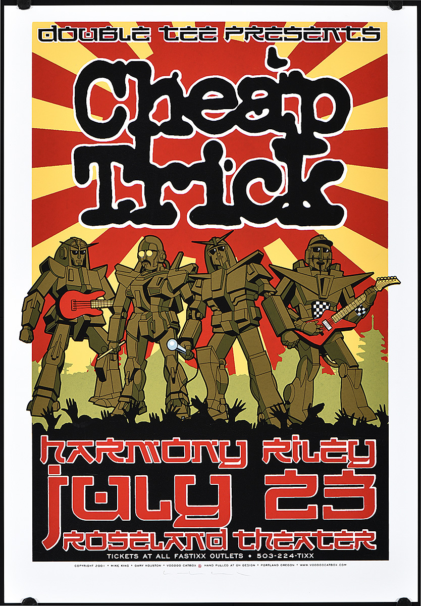 Cartel con dibujos animados de músicos robots frente a una multitud.