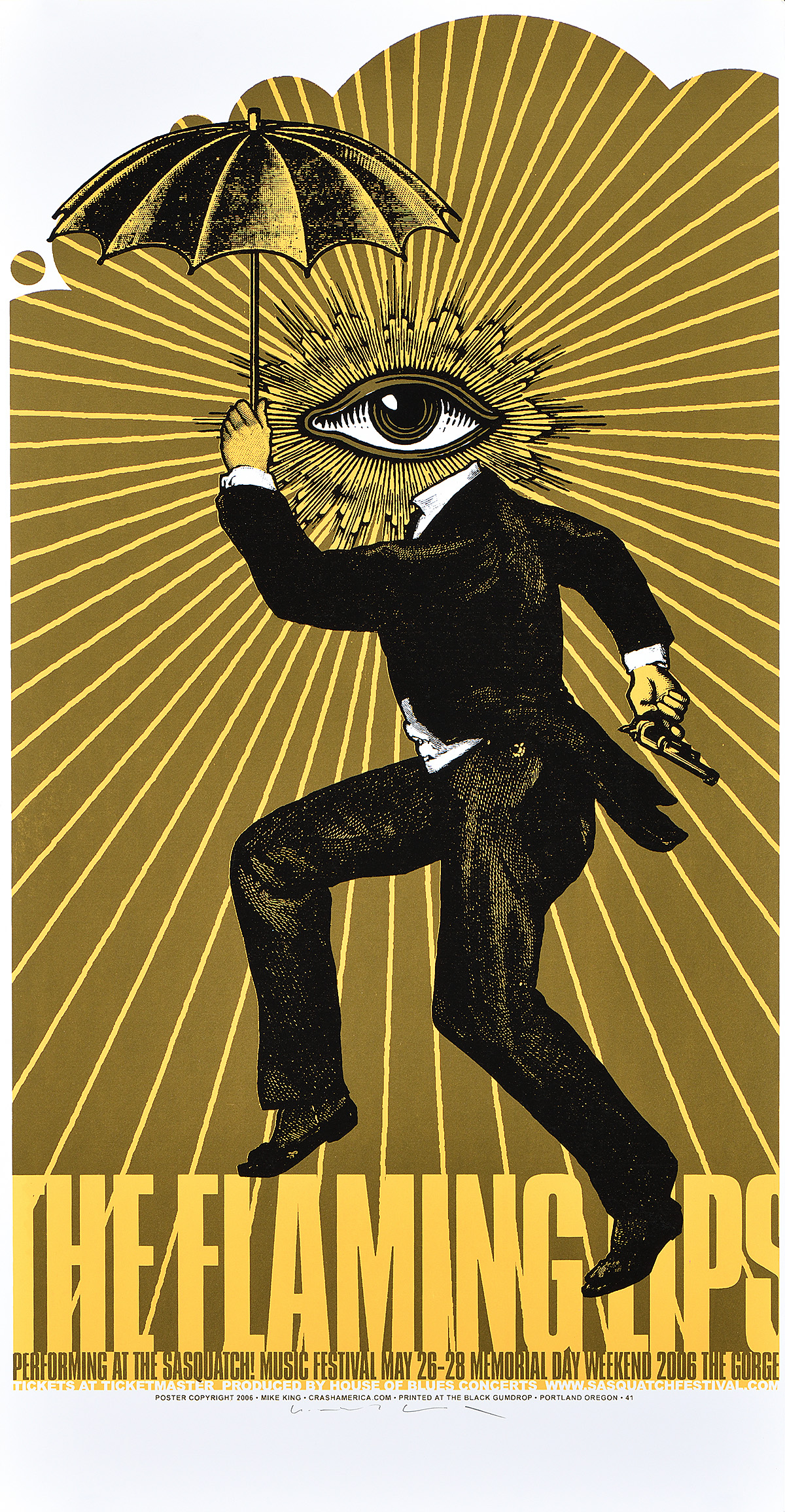 Cartel de un hombre con un ojo en lugar de cabeza, bailando y sosteniendo un paraguas.