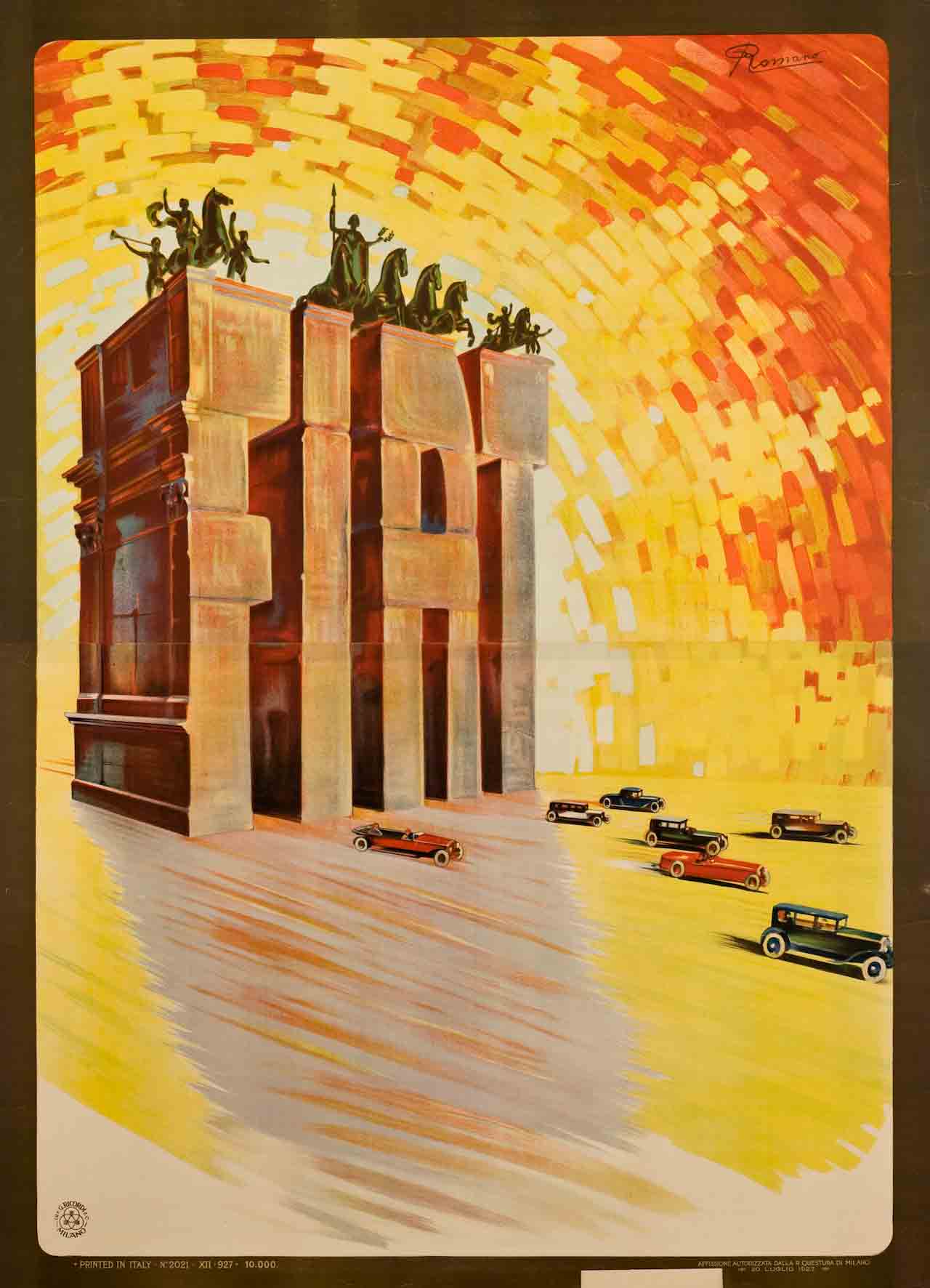 A poster of a towering gate decorated with military statues built in the shape of the word 