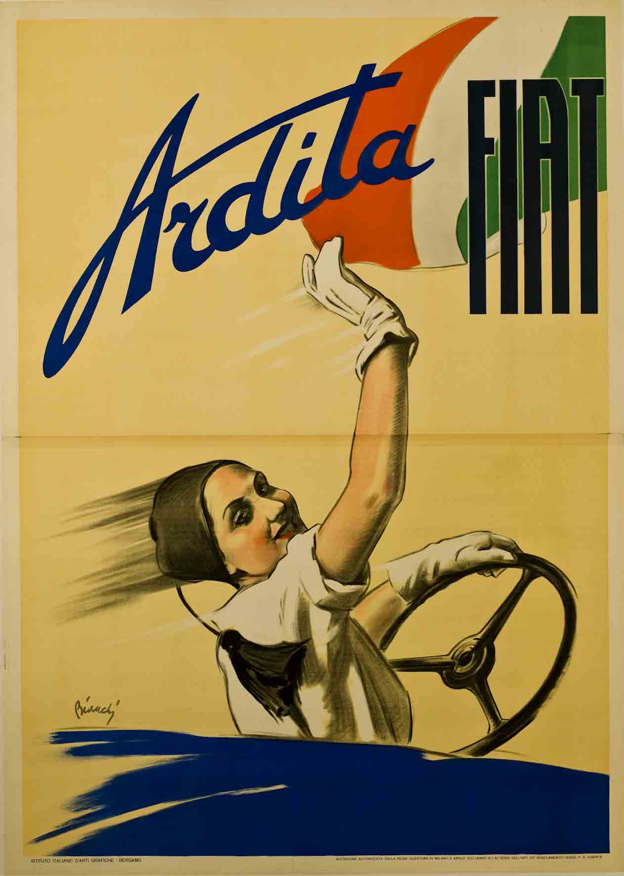 A poster of a woman reaching up from a steering wheel to wave an Italian flag.