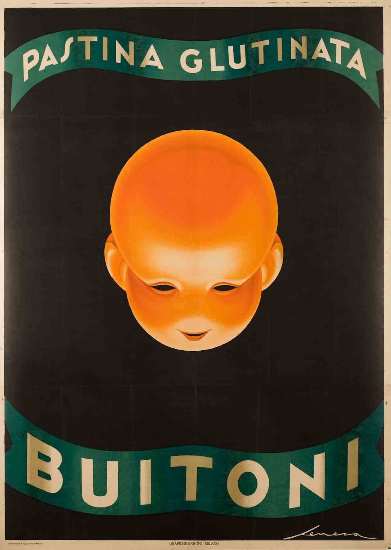 A poster of a round orange baby's head framed by green ribbons of text.