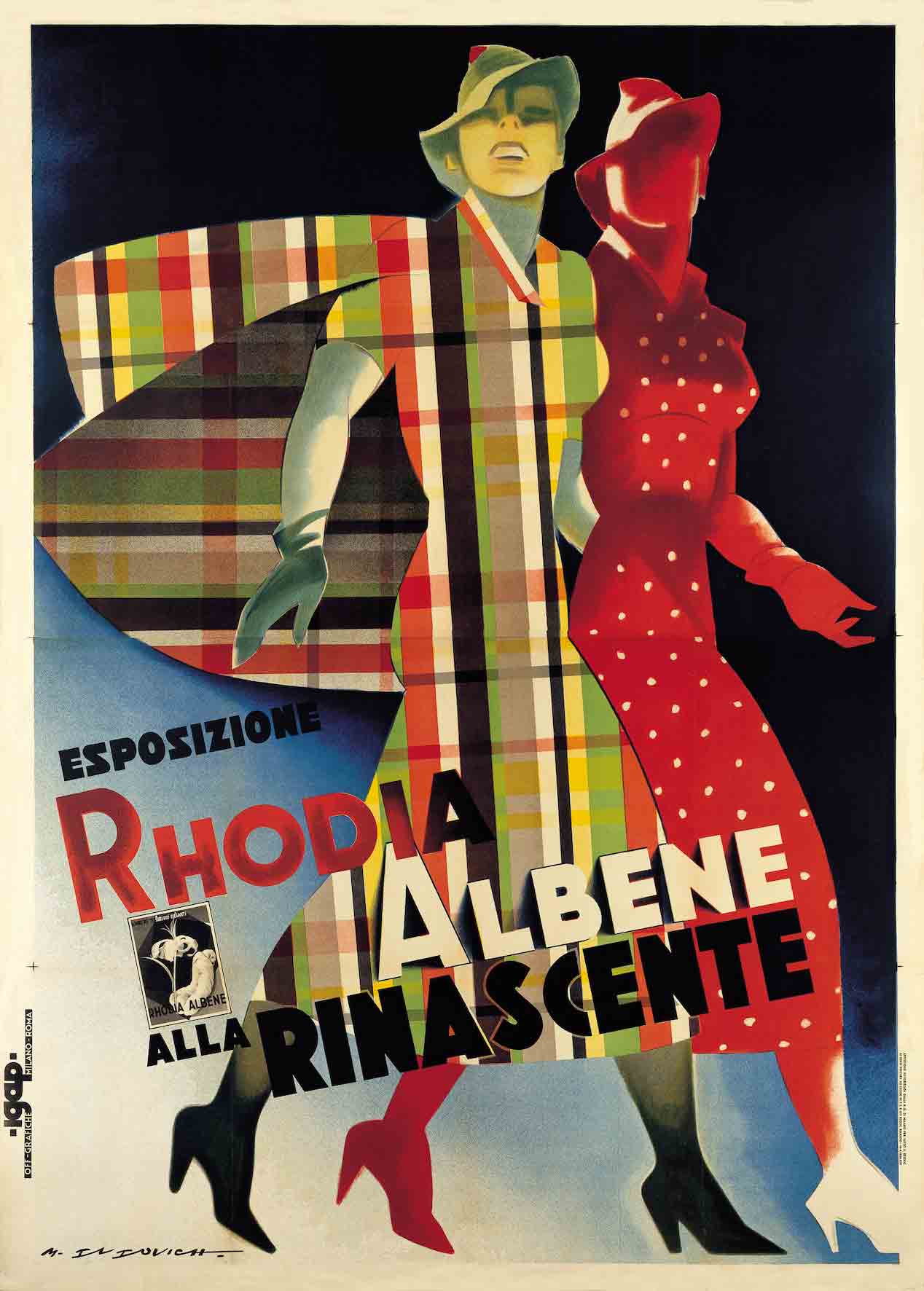 A poster of two fashionable women in patterned dresses with bold text at their knees.