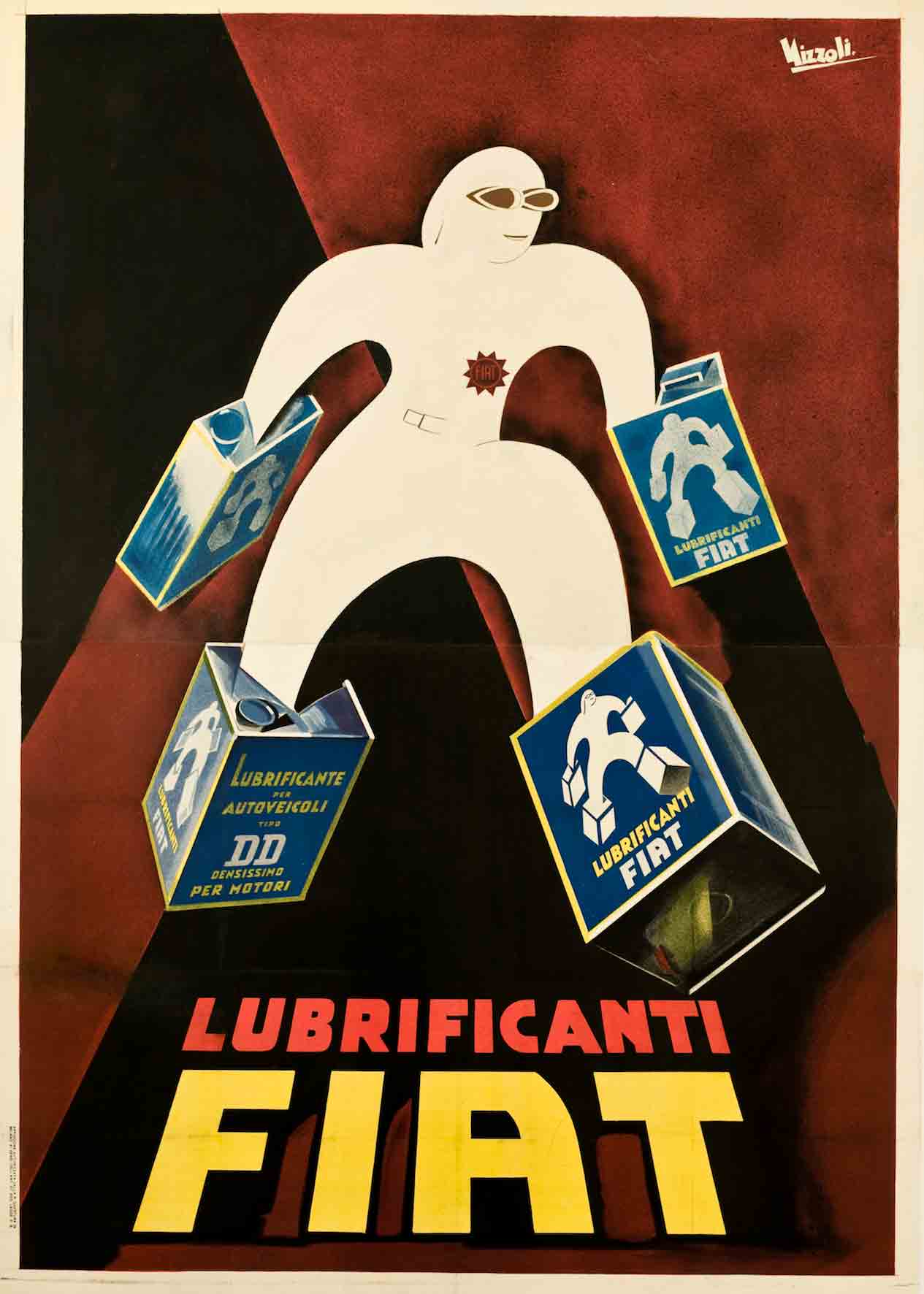 A poster of a cartoon white figure with long limbs stuck inside blue rectangular cans.