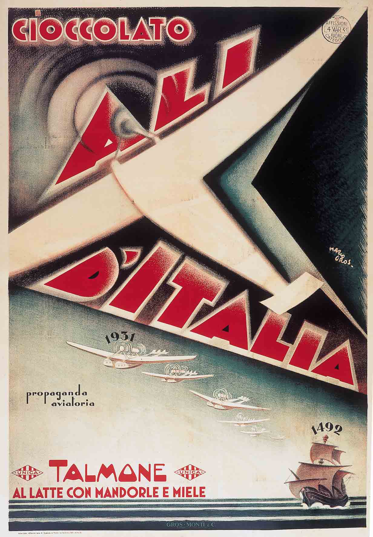 A poster of a soaring white airplane bisecting red text above a ship on the ocean.
