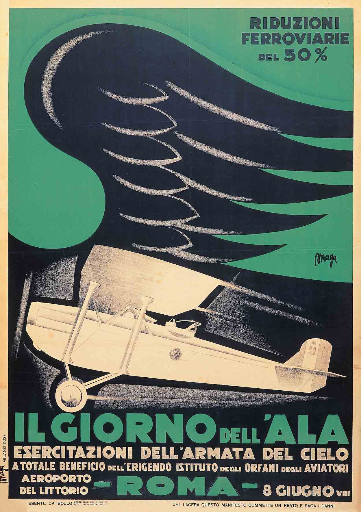 A poster of a white propeller plane with large blue bird's wings coming out of it.