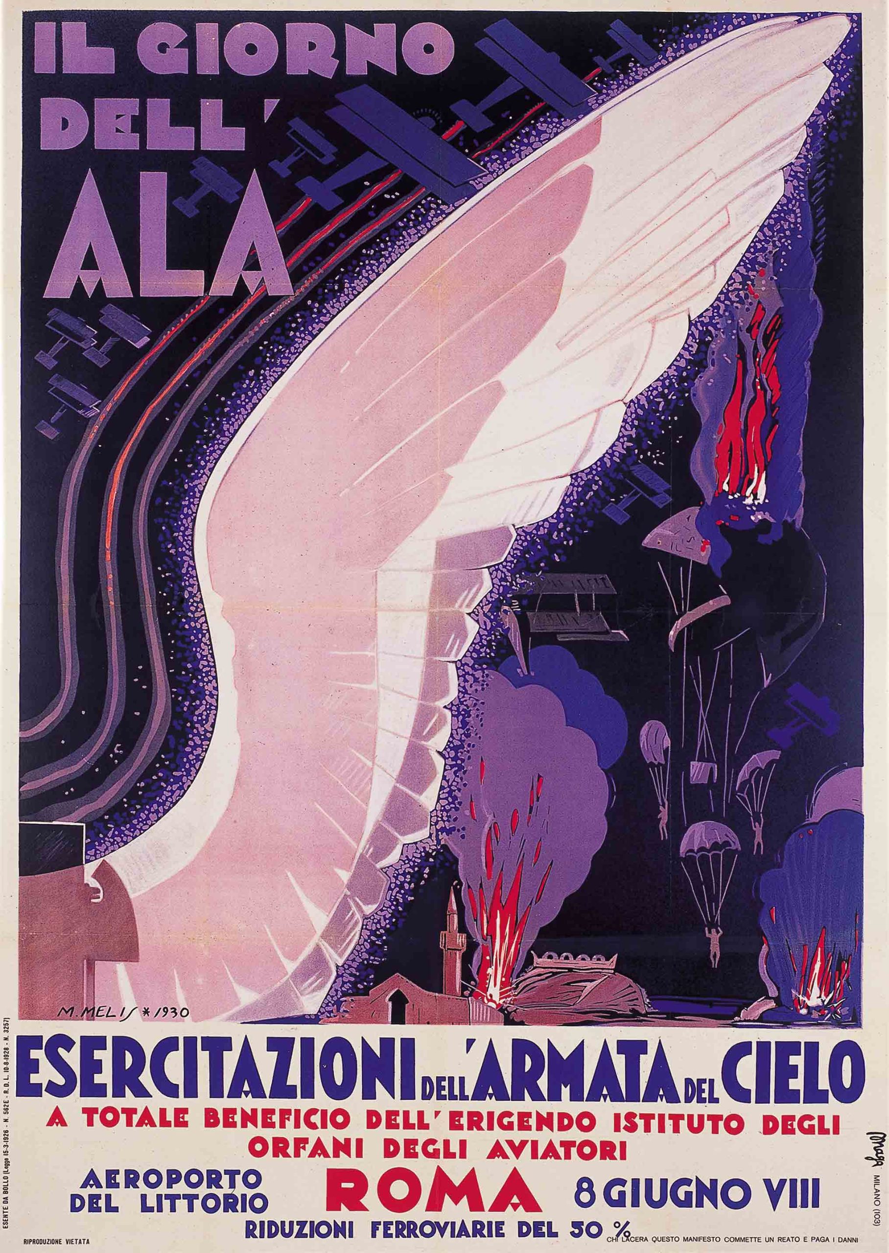 A poster of a large white bird wing cutting diagonally across the poster with airplanes and parachutes in the background.