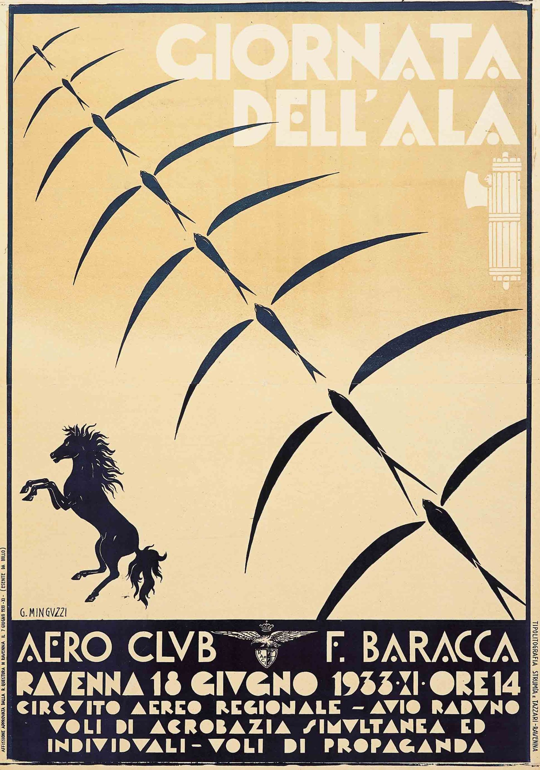 A poster of birds soaring in a diagonal line above a a prancing black horse.