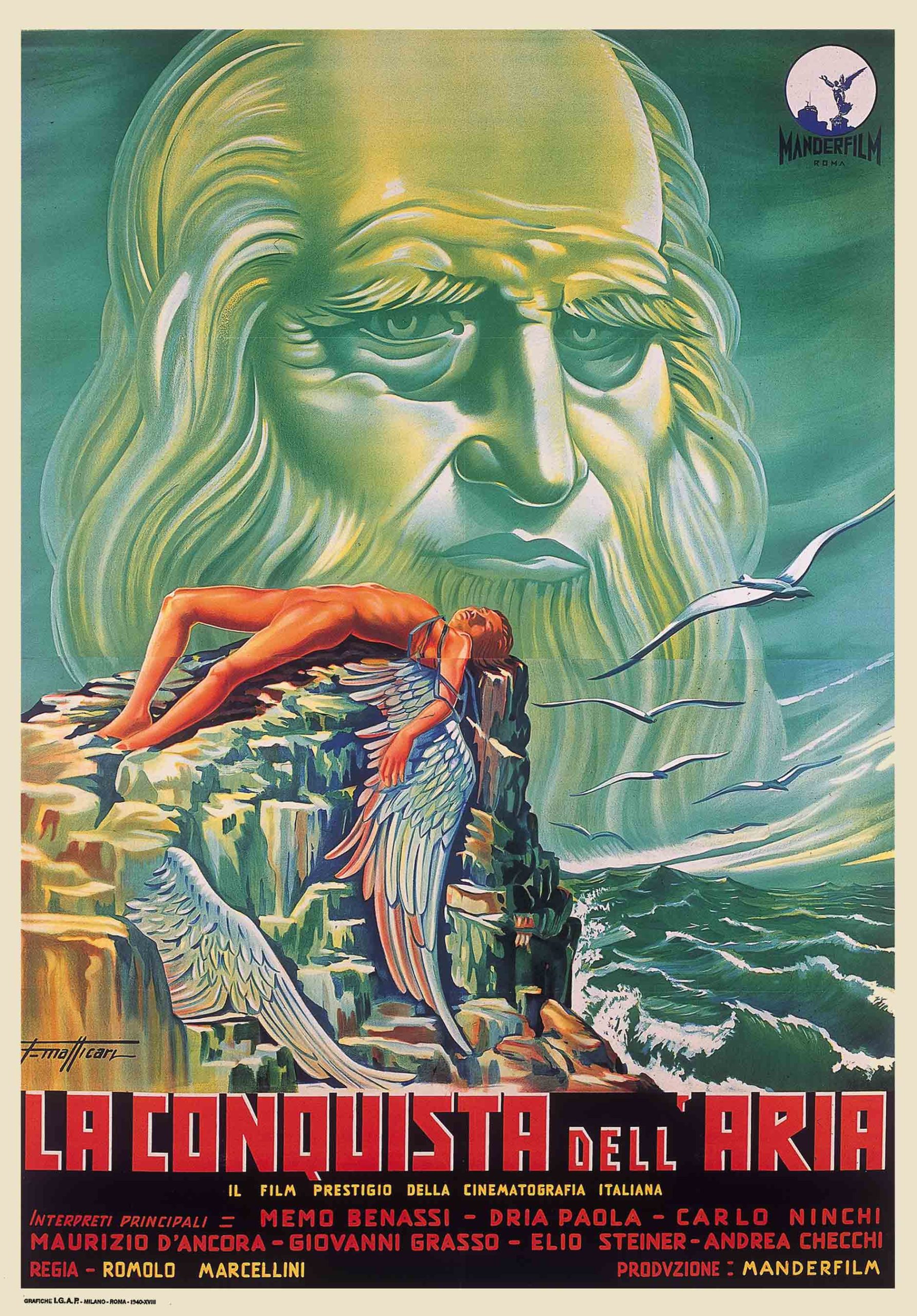 A poster of a naked figure laying on its back at the edge of a cliff overlooking an ocean with a large man's face in the background.