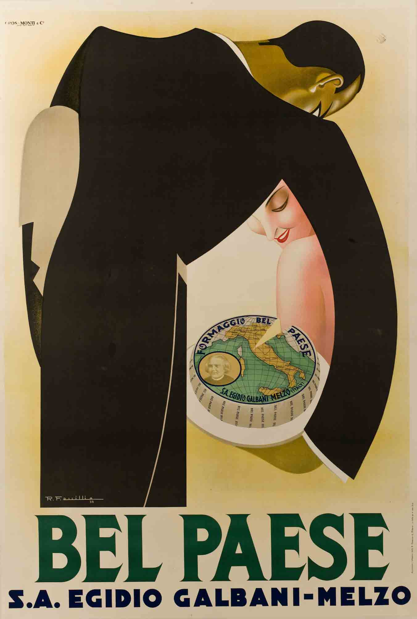 A poster of a large man in a black suit bent over with the face and shoulder of a woman inside of his arm.