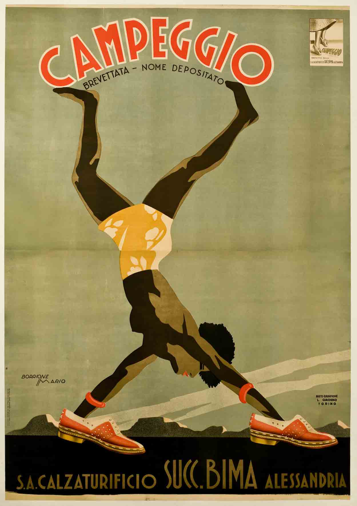 A poster of a Black athlete doing a handstand with large shoes on their hands.