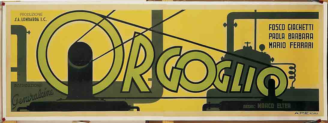 A poster with silhouettes of various mechanical equipment and large slanted text on a yellow background.