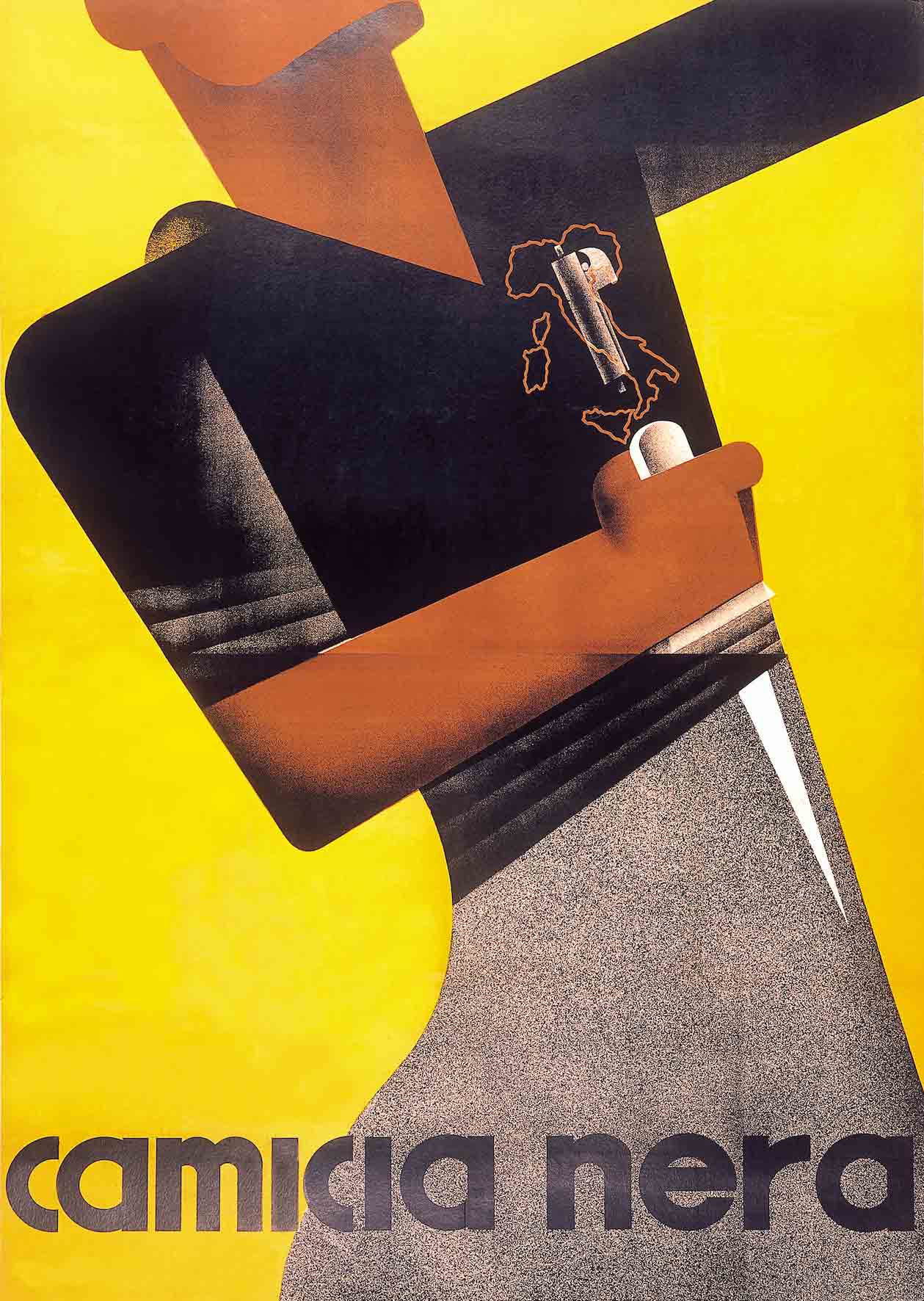 A poster of the midsection of a figure holding a dagger at their waistline with a small outline of Italy above the handle.
